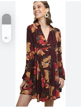 Umgee Women's Floral V-Neck Swing Dress in Burgundy P2p 19 Front Back 21.